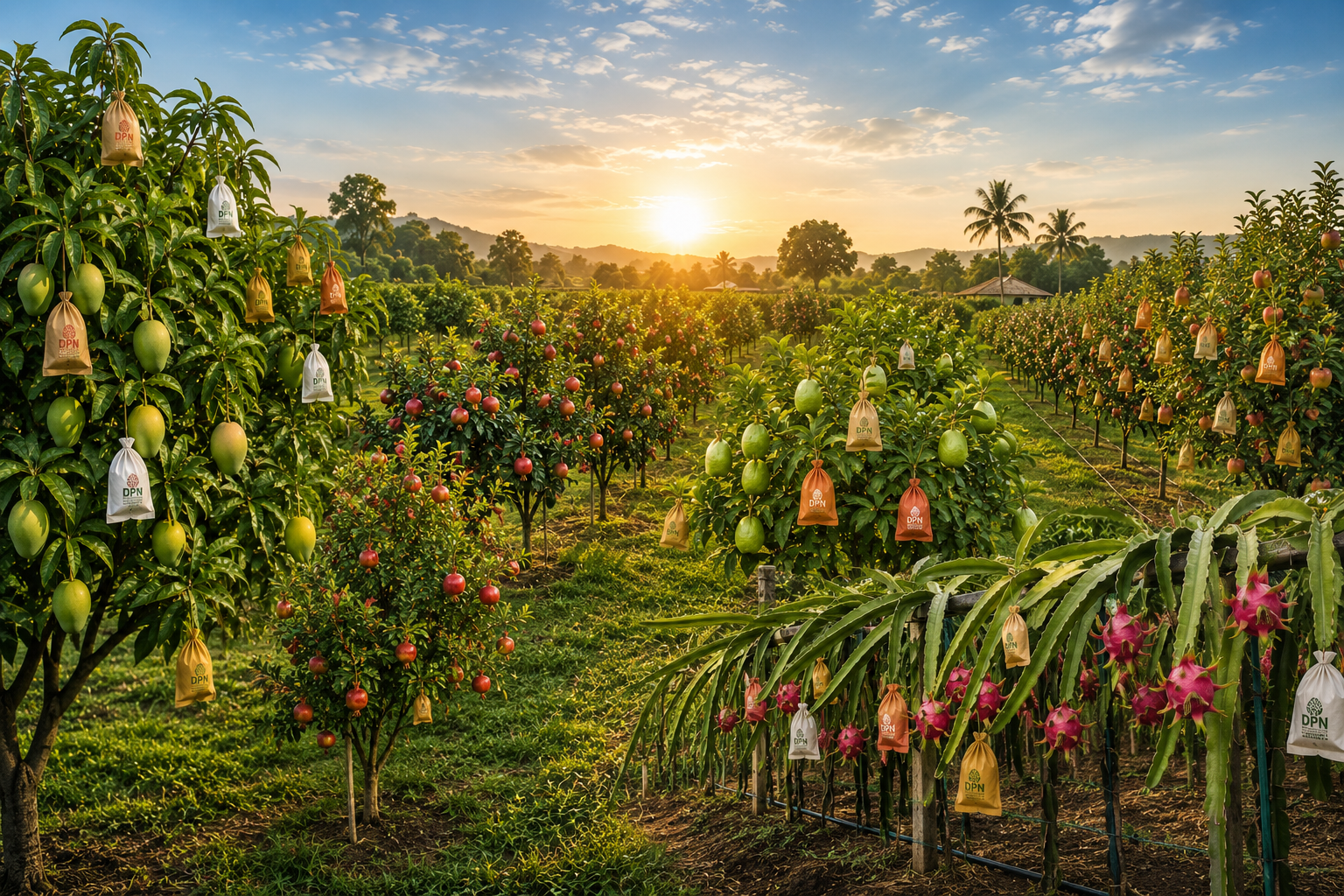 Lush green mango orchard in Gujarat with DPN protection bags on trees